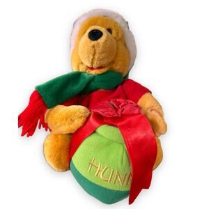 Vintage 90s DisneyHoliday Christmas Talking Pooh Plush Scarf Hunny Present Bows